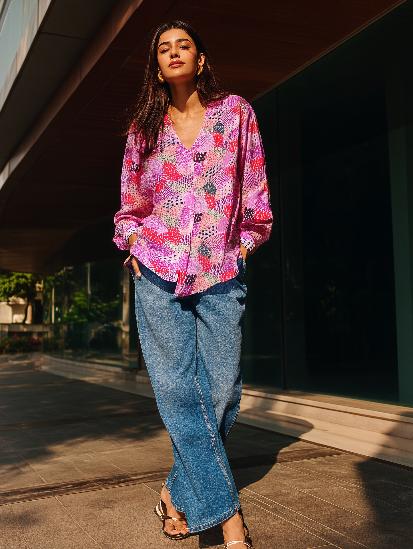 Lilac Printed V Neck Shirt