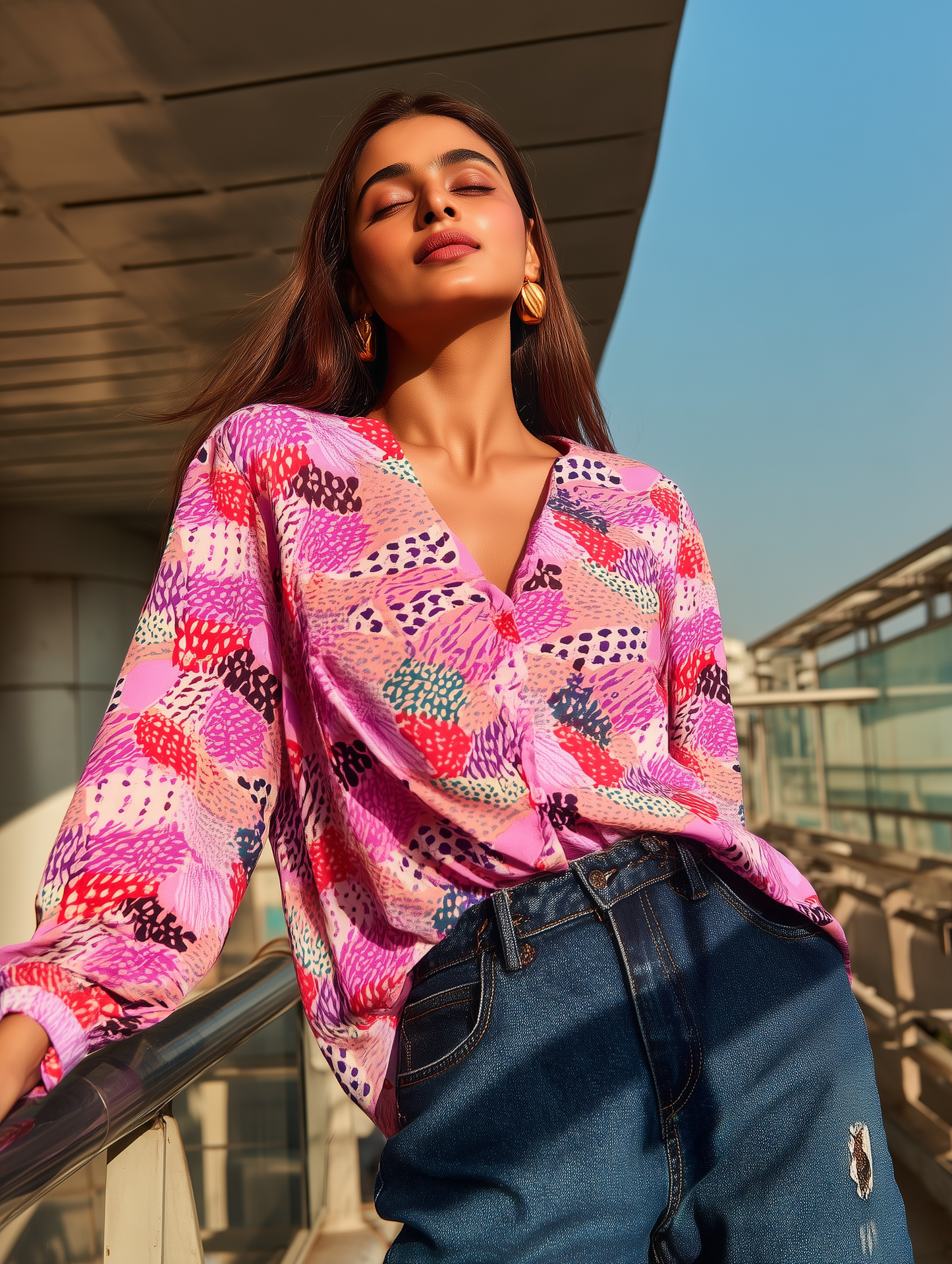 Lilac Printed V Neck Shirt