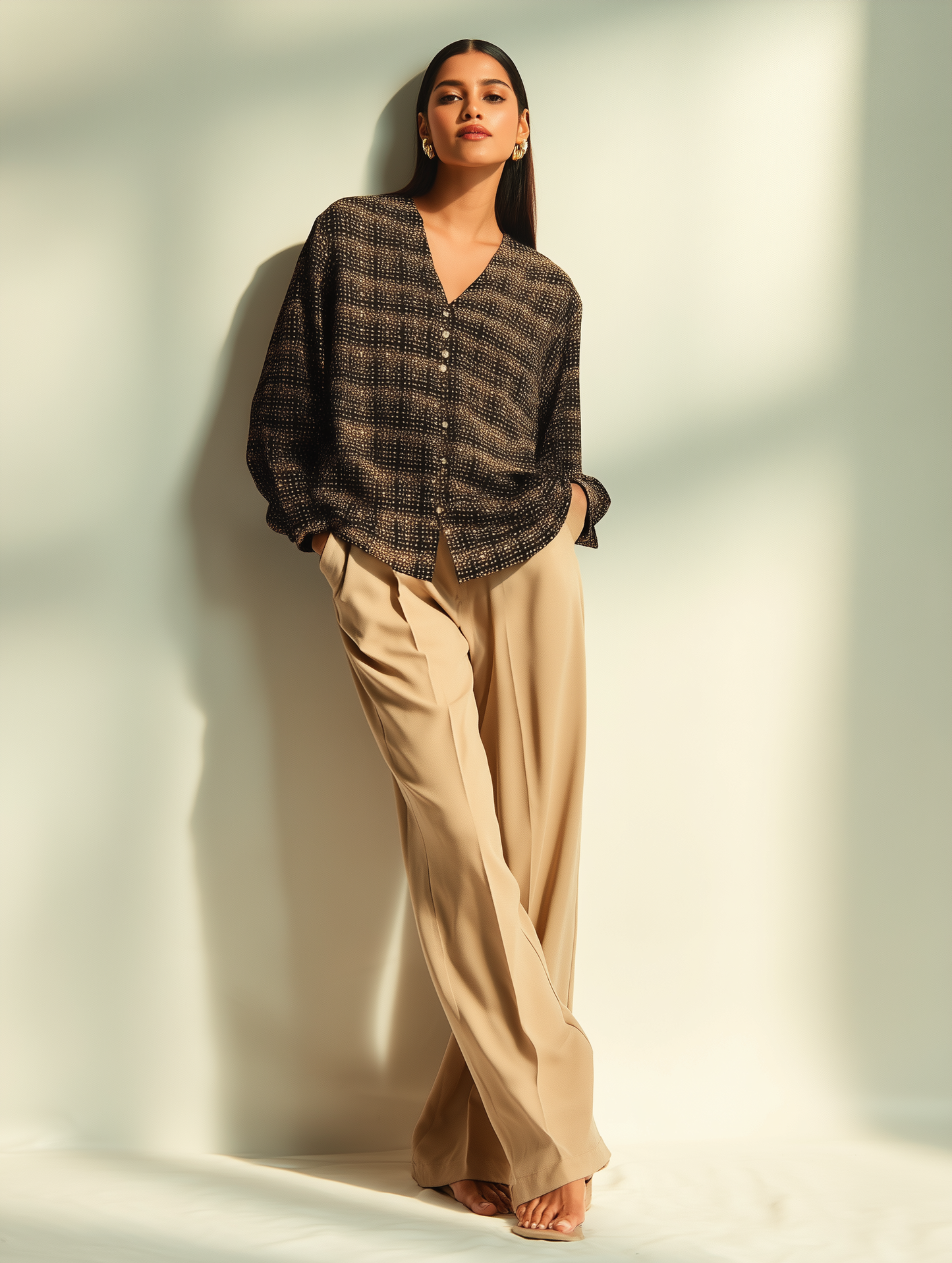 Brown Geometric Print V Neck Shirt