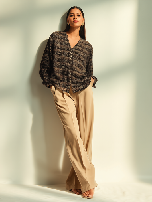 Brown Geometric Print V Neck Shirt