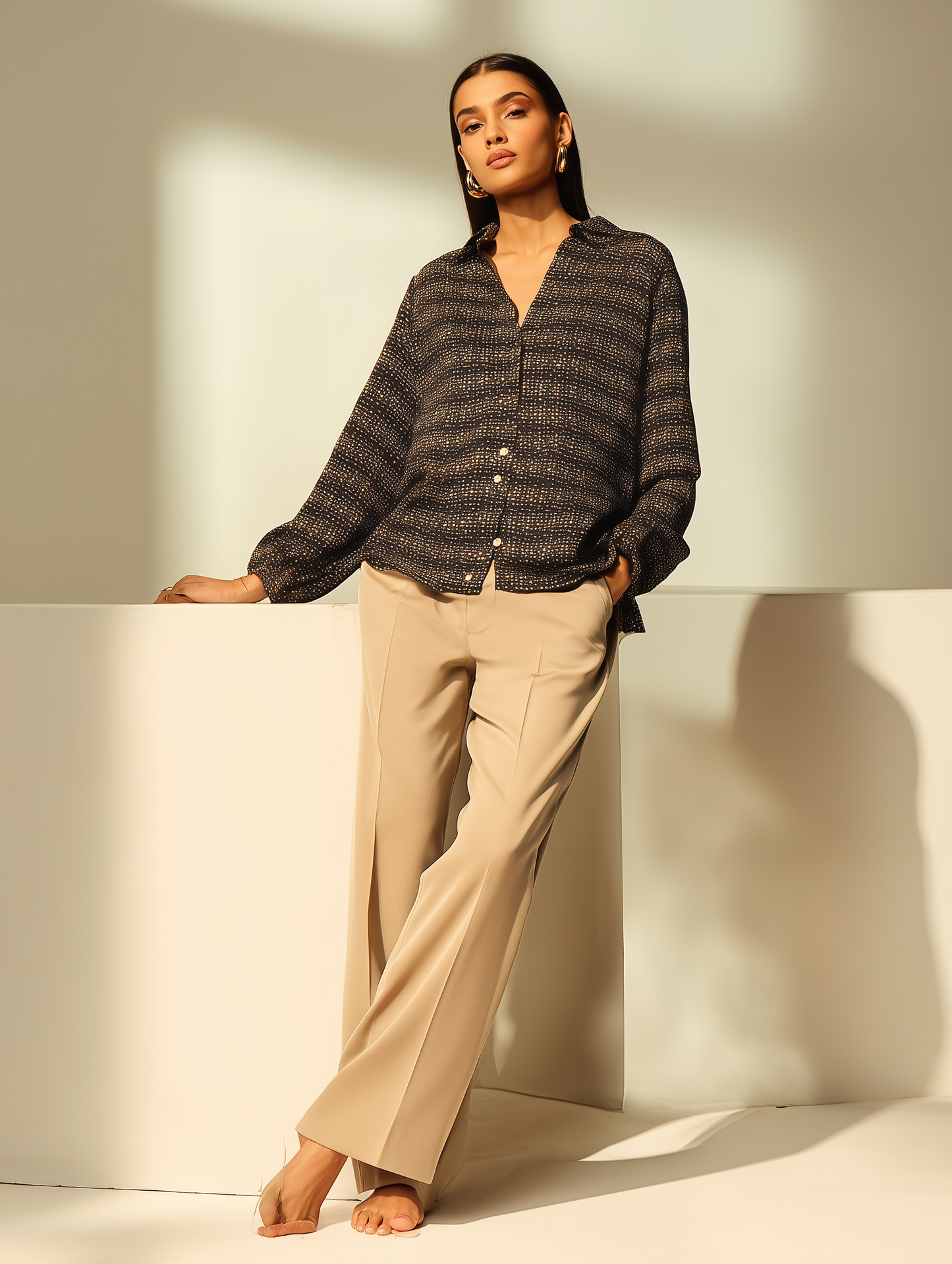 Brown Geometric Print V Neck Shirt