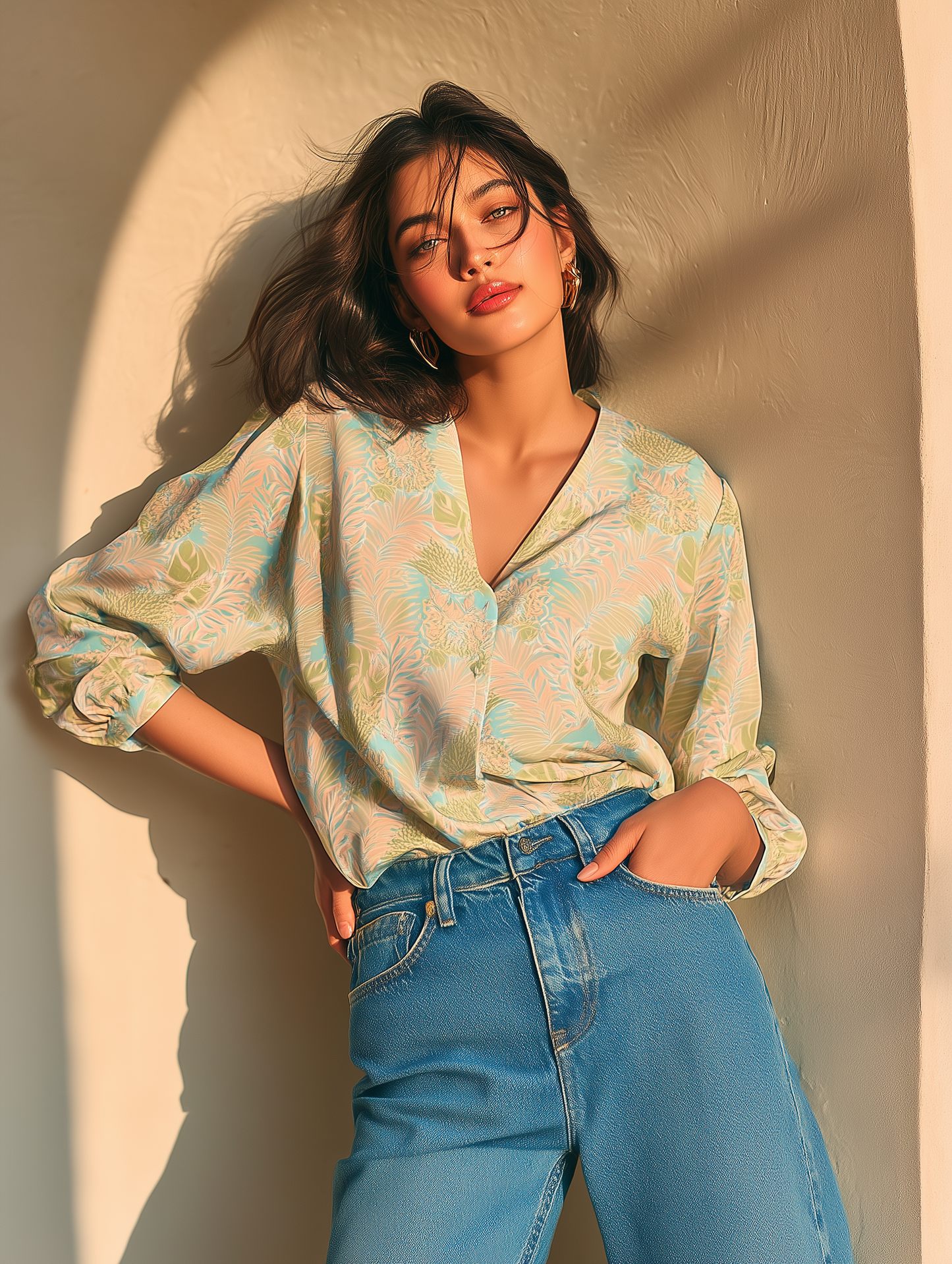 Bright Blue Leafy Print Shirt