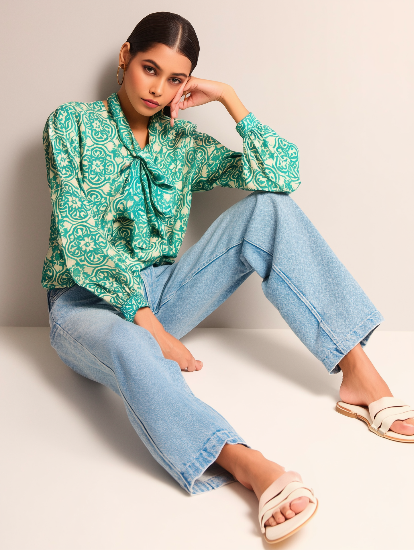 Green Damask Print Bow Shirt