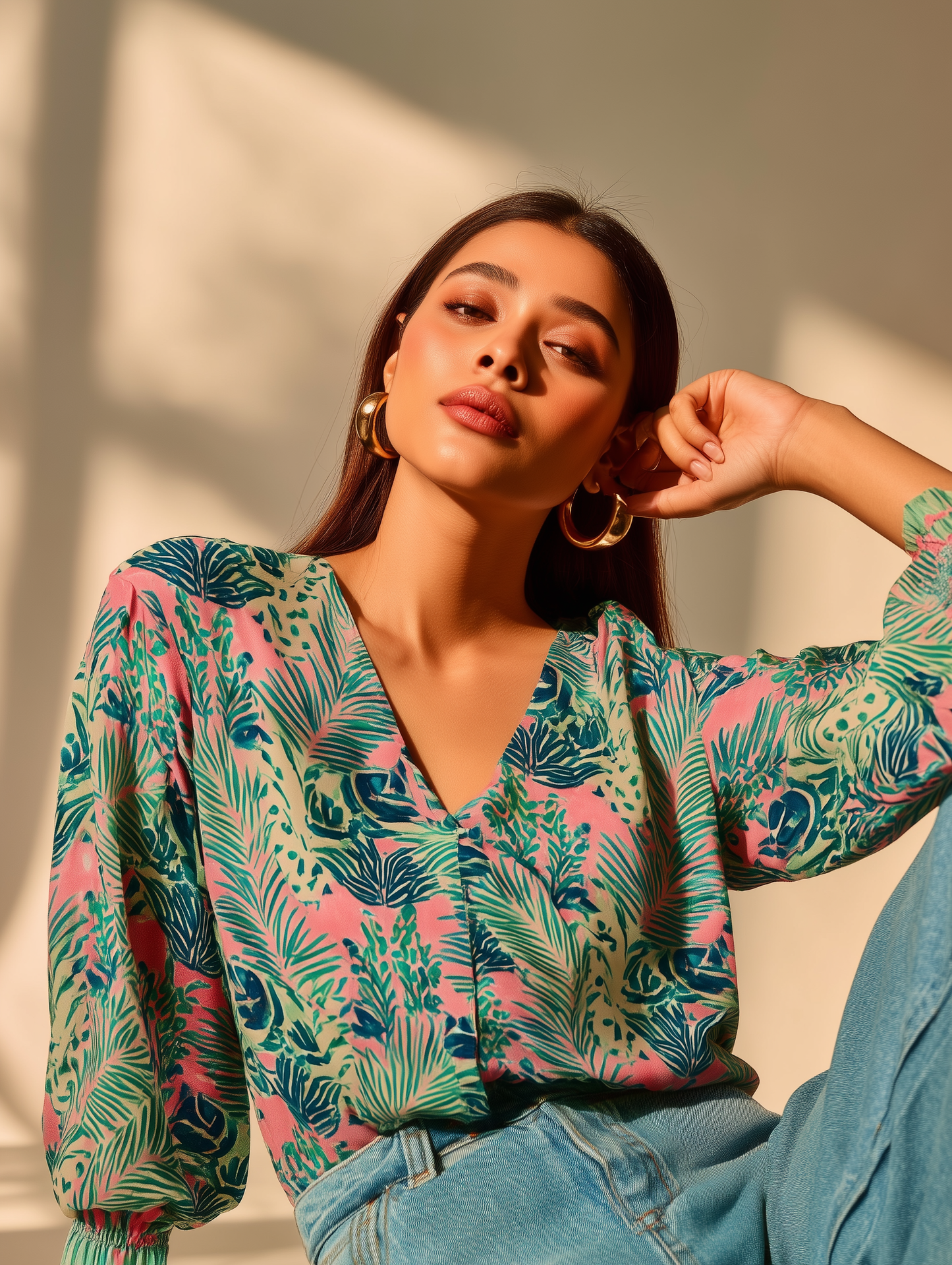 Bright Pink Leafy Print Shirt
