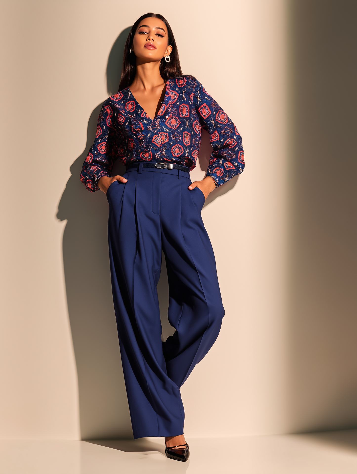 Navy Damask Print V Neck Shirt