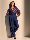 Navy Damask Print V Neck Shirt