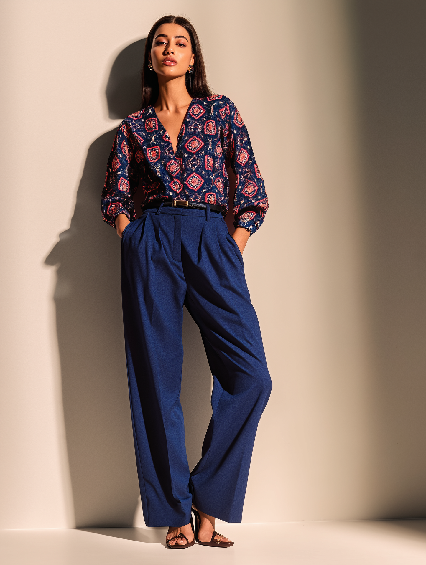 Navy Damask Print V Neck Shirt