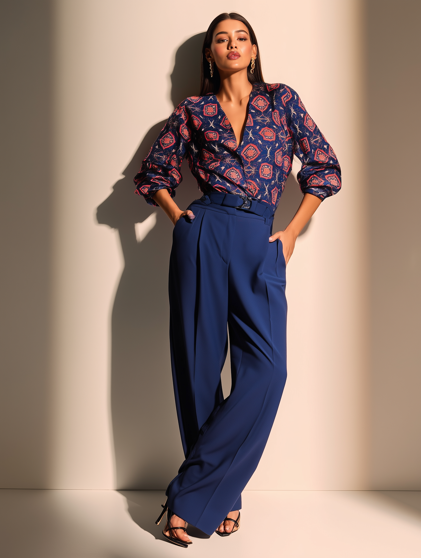Navy Damask Print V Neck Shirt