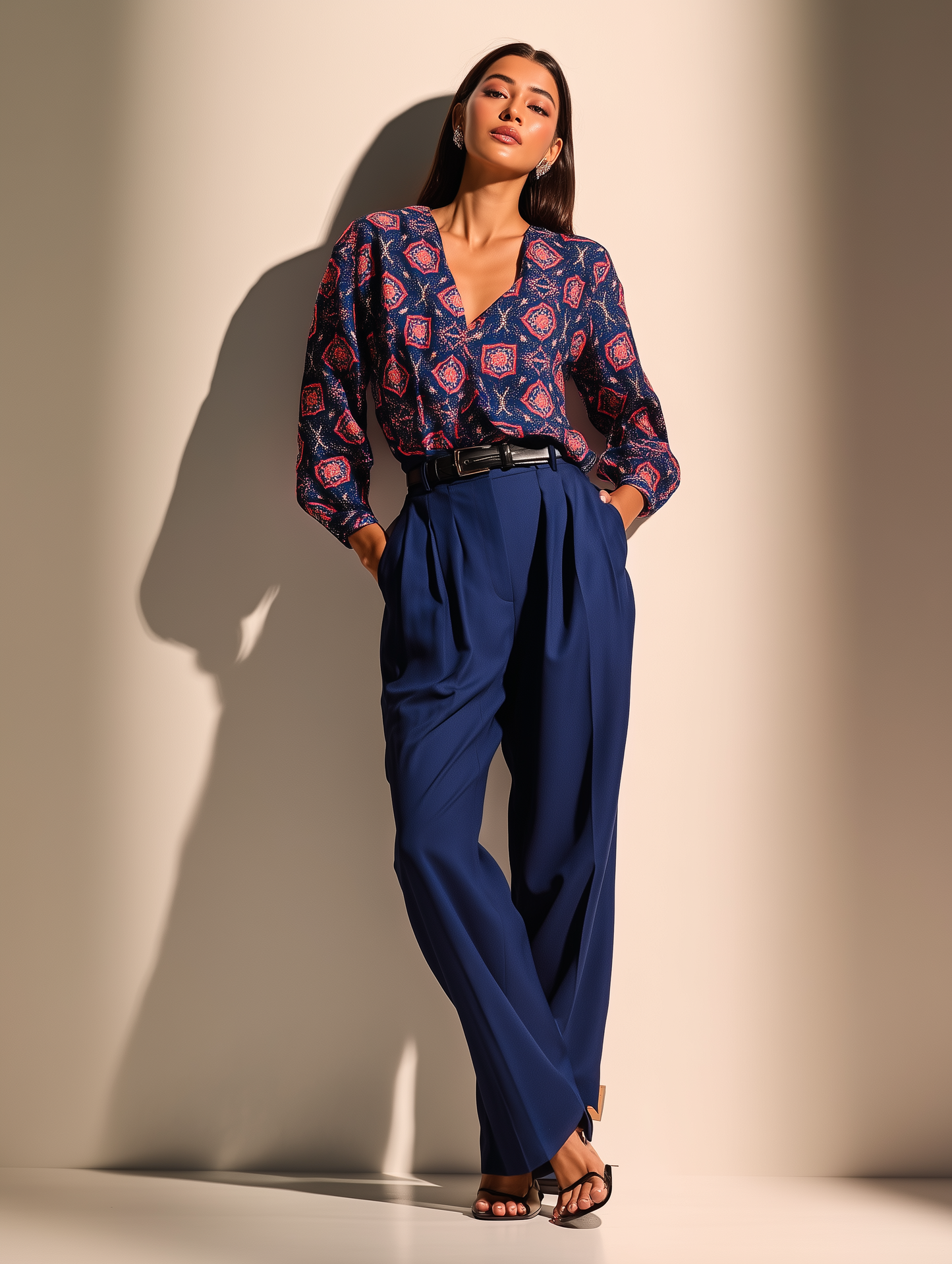 Navy Damask Print V Neck Shirt