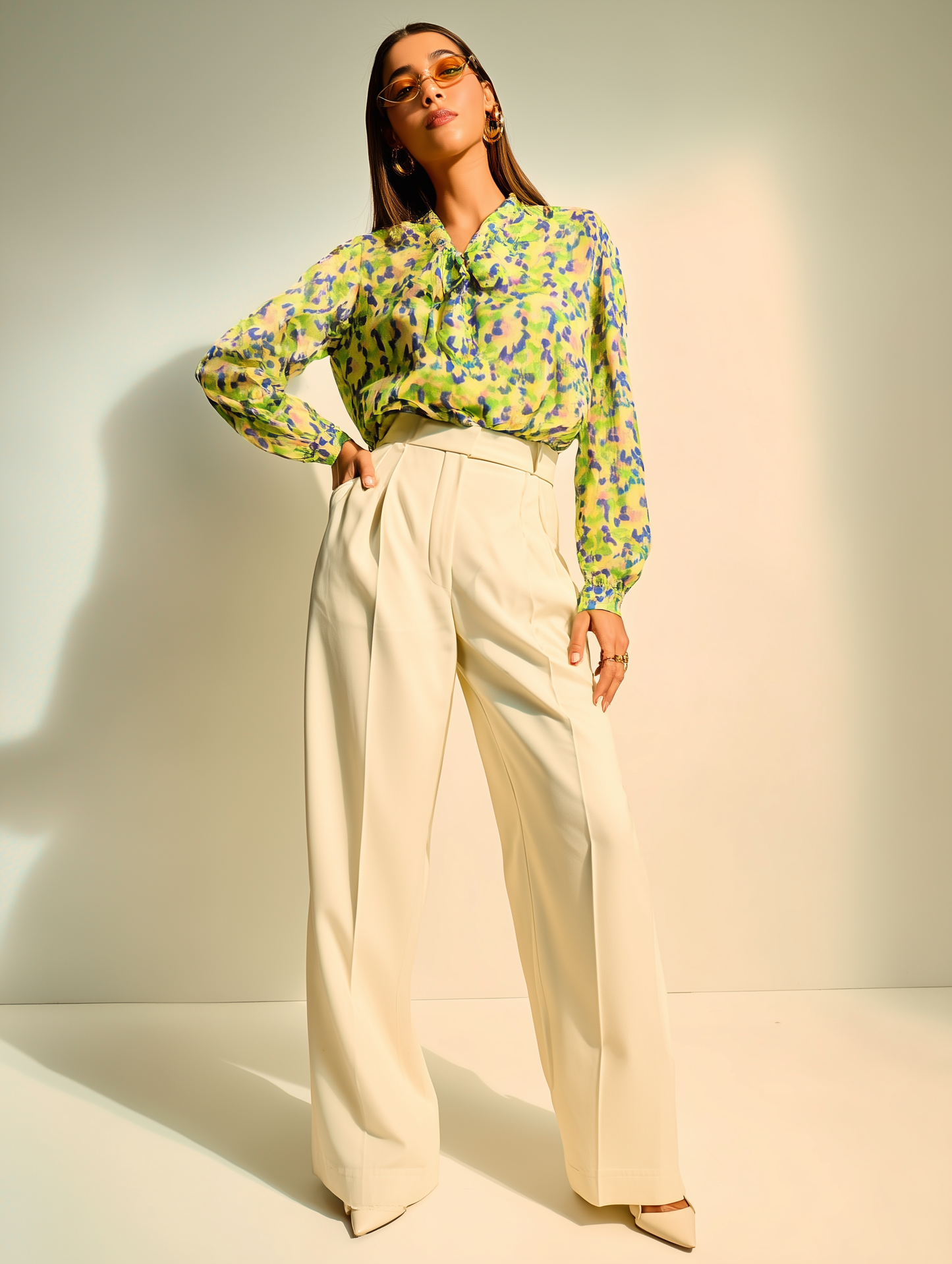 Yellow Petal Print Bow Shirt