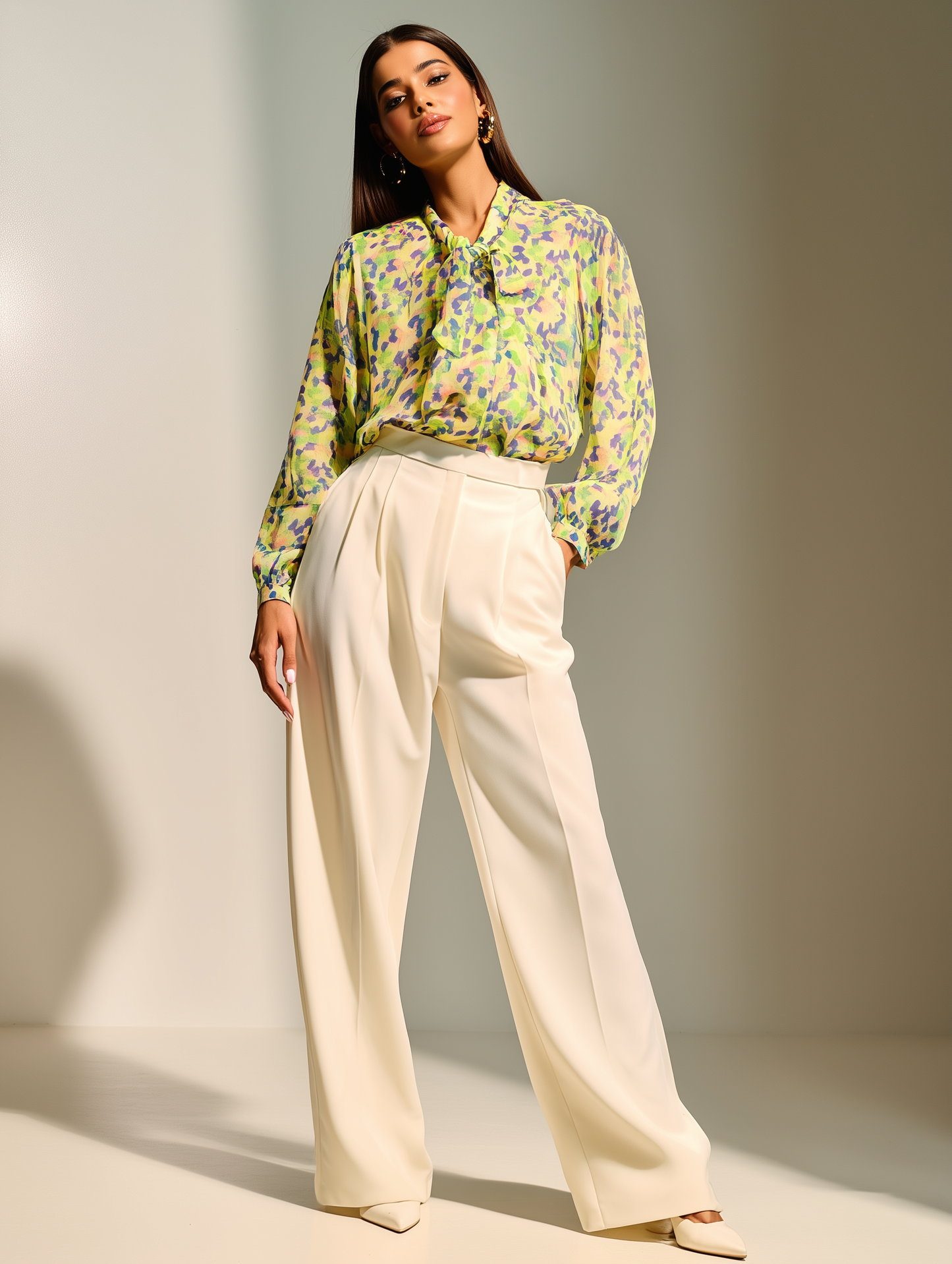 Yellow Petal Print Bow Shirt