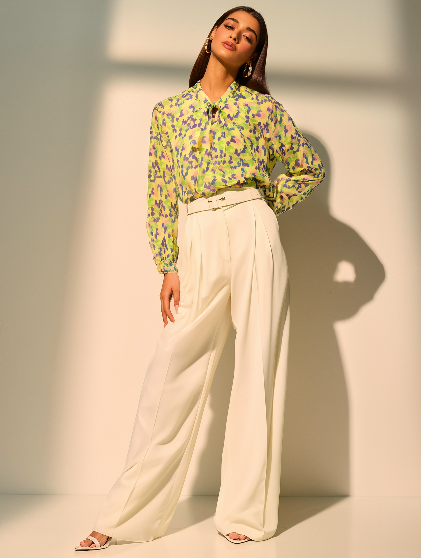 Yellow Petal Print Bow Shirt