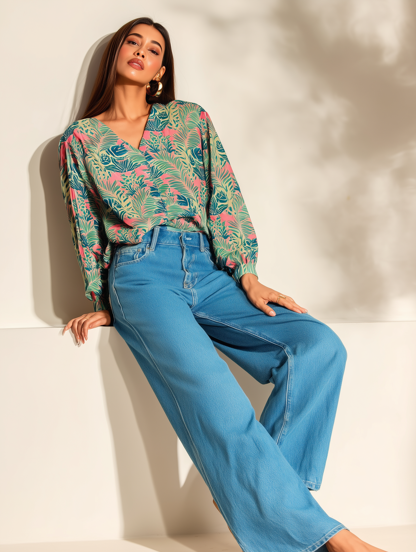 Bright Pink Leafy Print Shirt