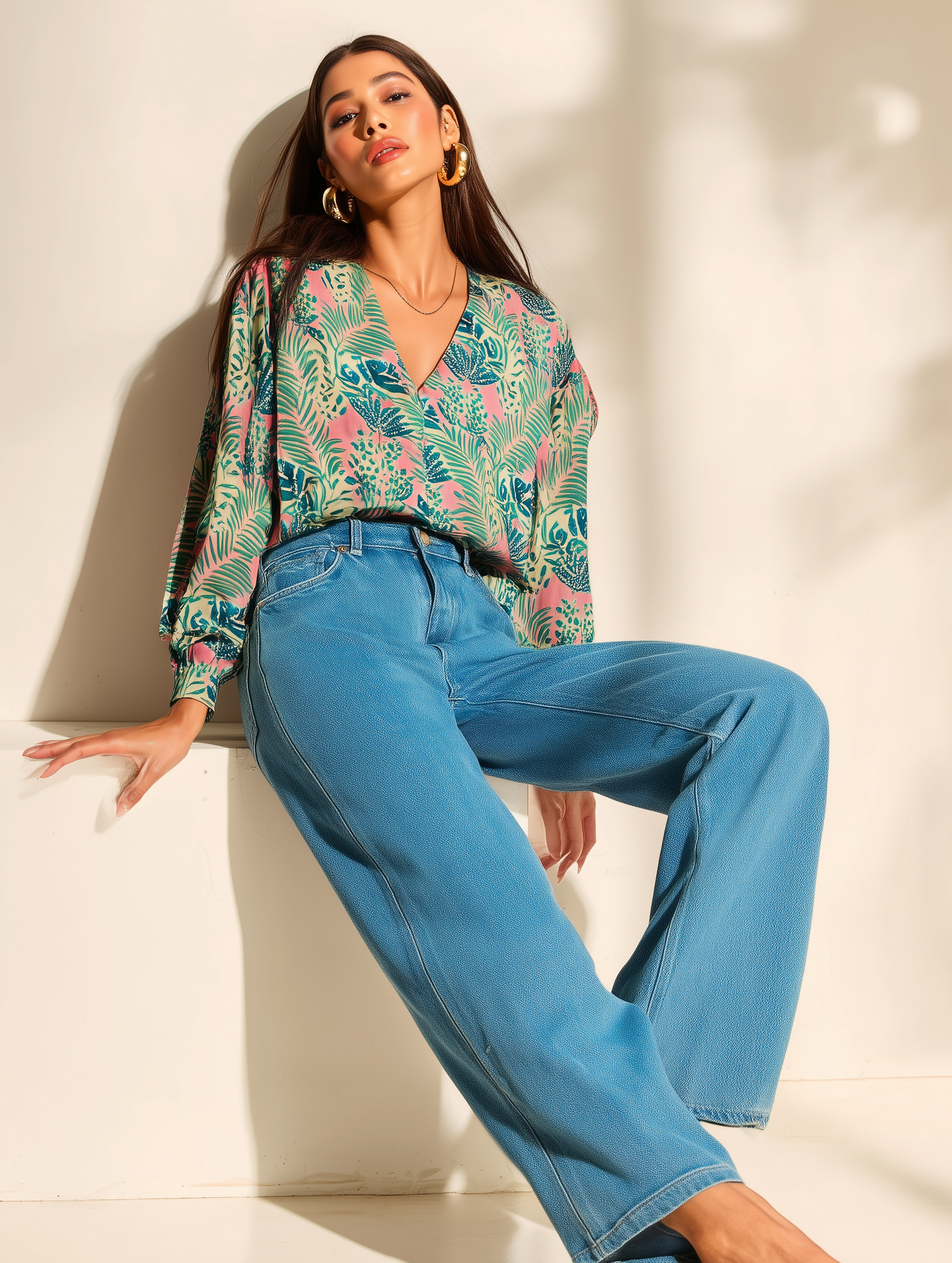 Bright Pink Leafy Print Shirt