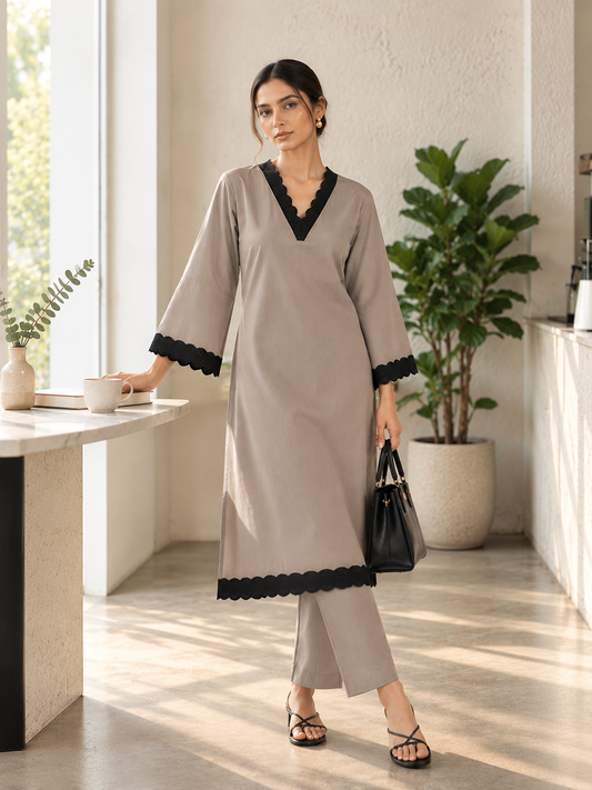 English Grey Embellished V-Neck Cotton Kurta Set