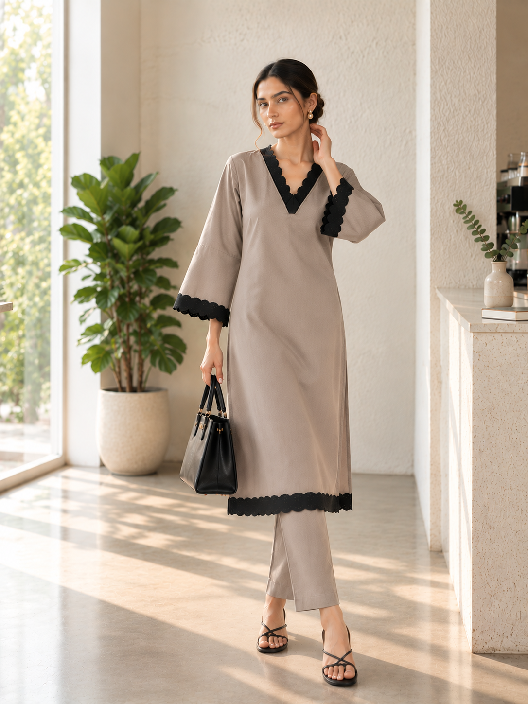 English Grey Embellished V-Neck Cotton Kurta Set