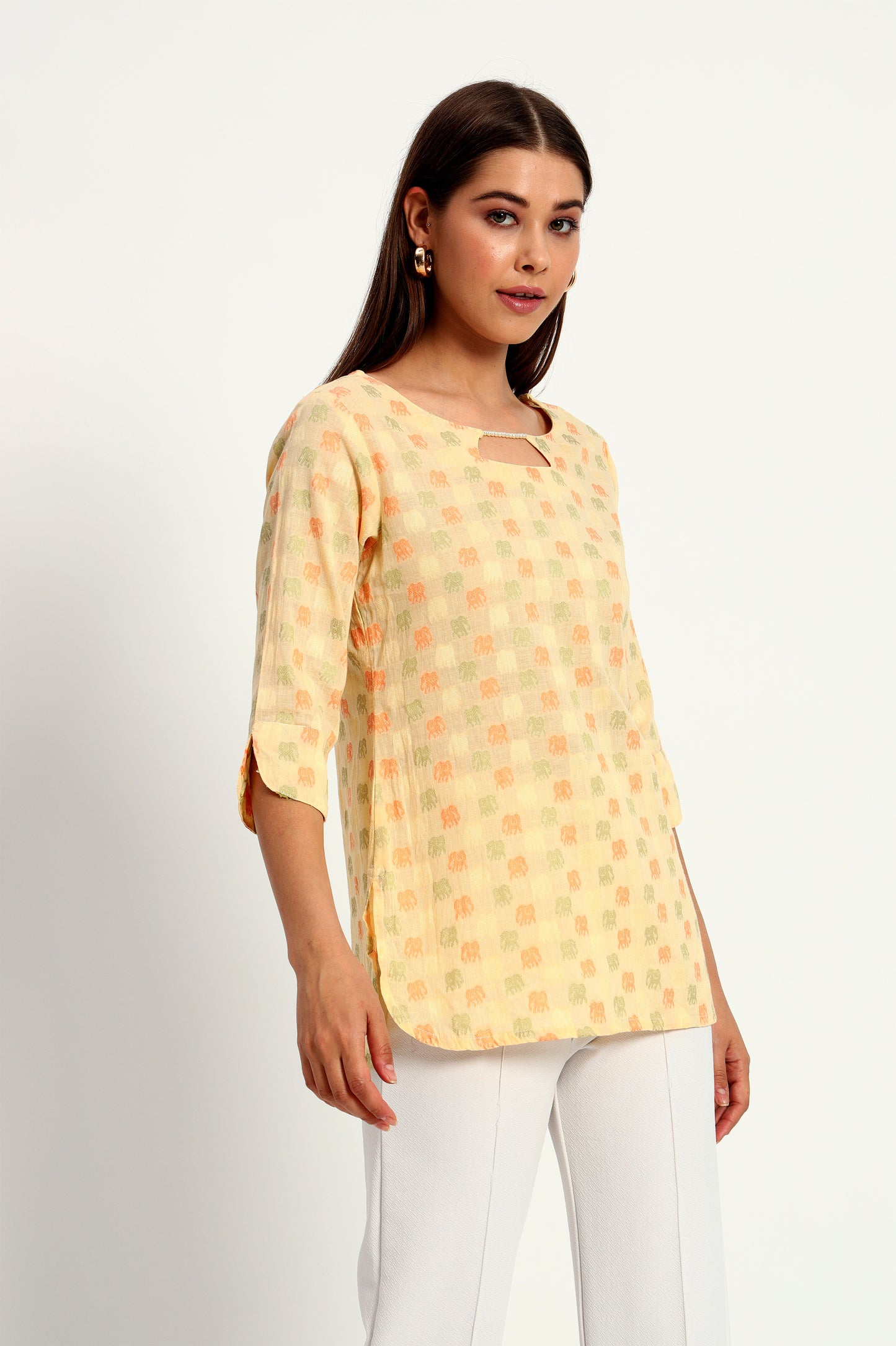 Yellow Beaded Cotton Short Tunic