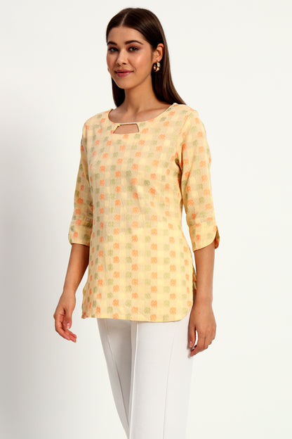 Yellow Beaded Cotton Short Tunic