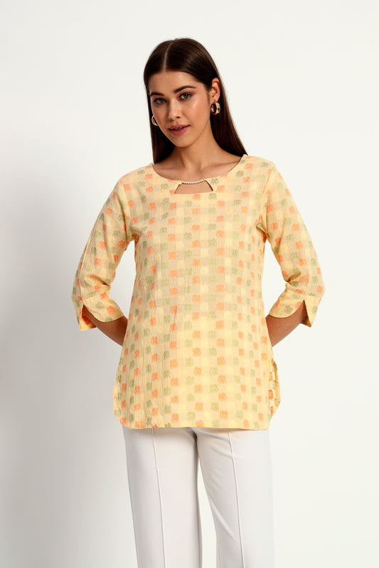 Yellow Beaded Cotton Short Tunic