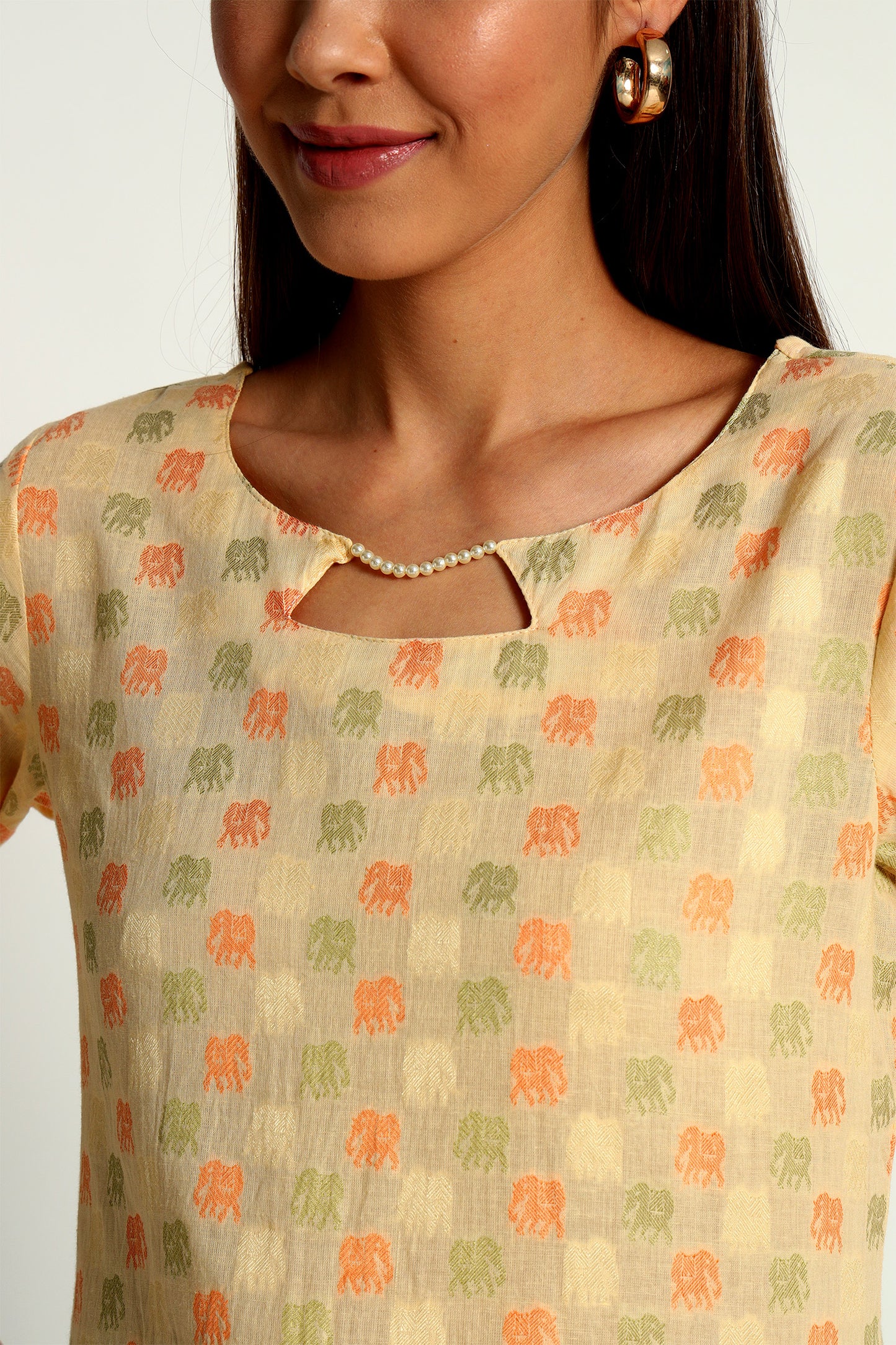 Yellow Beaded Cotton Short Tunic