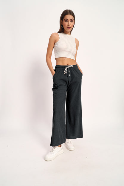 Grey Straight Fit Wide Leg Pants