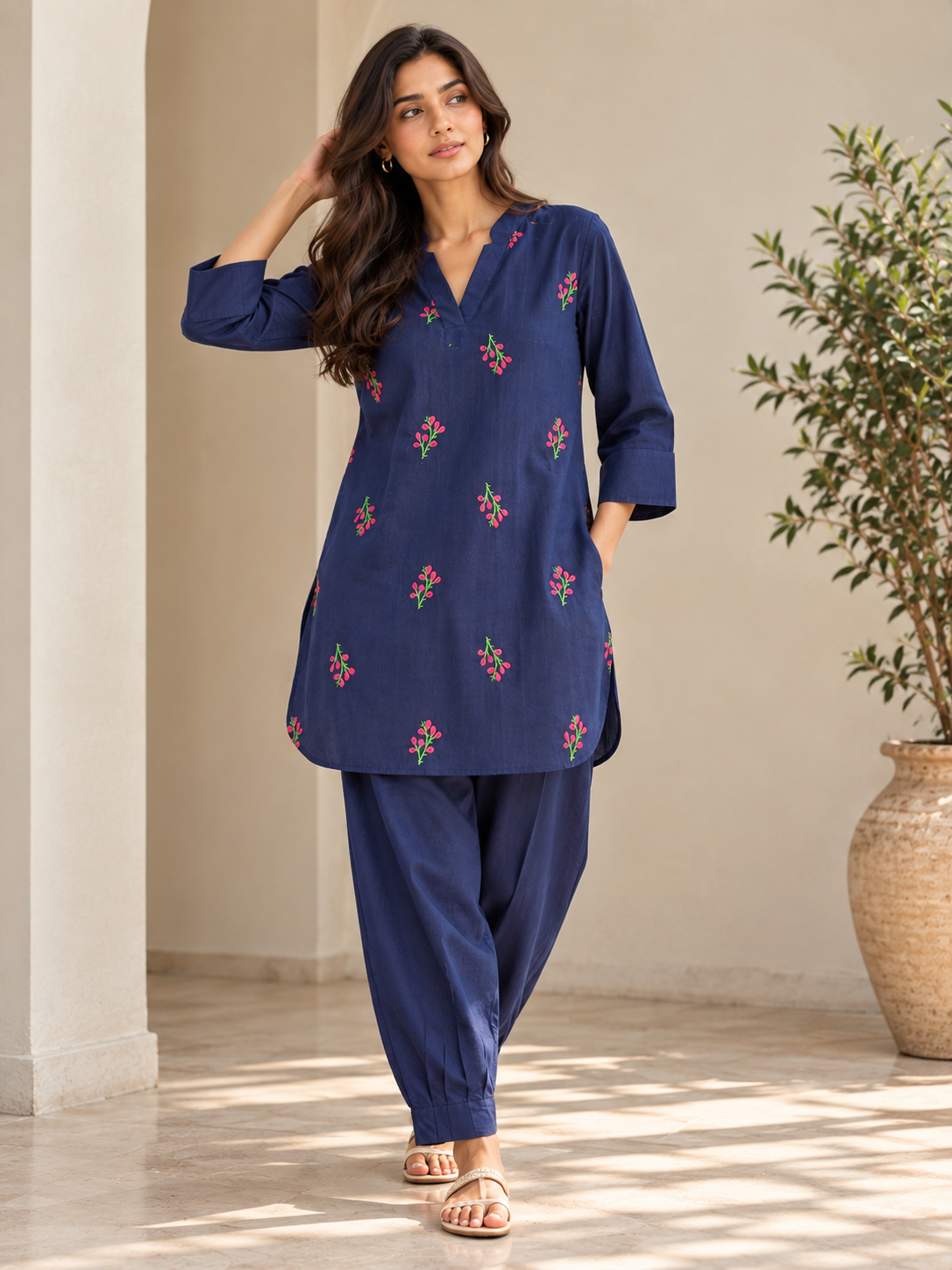 GUL - Navy Embroidered Mid-Length Kurta Set
