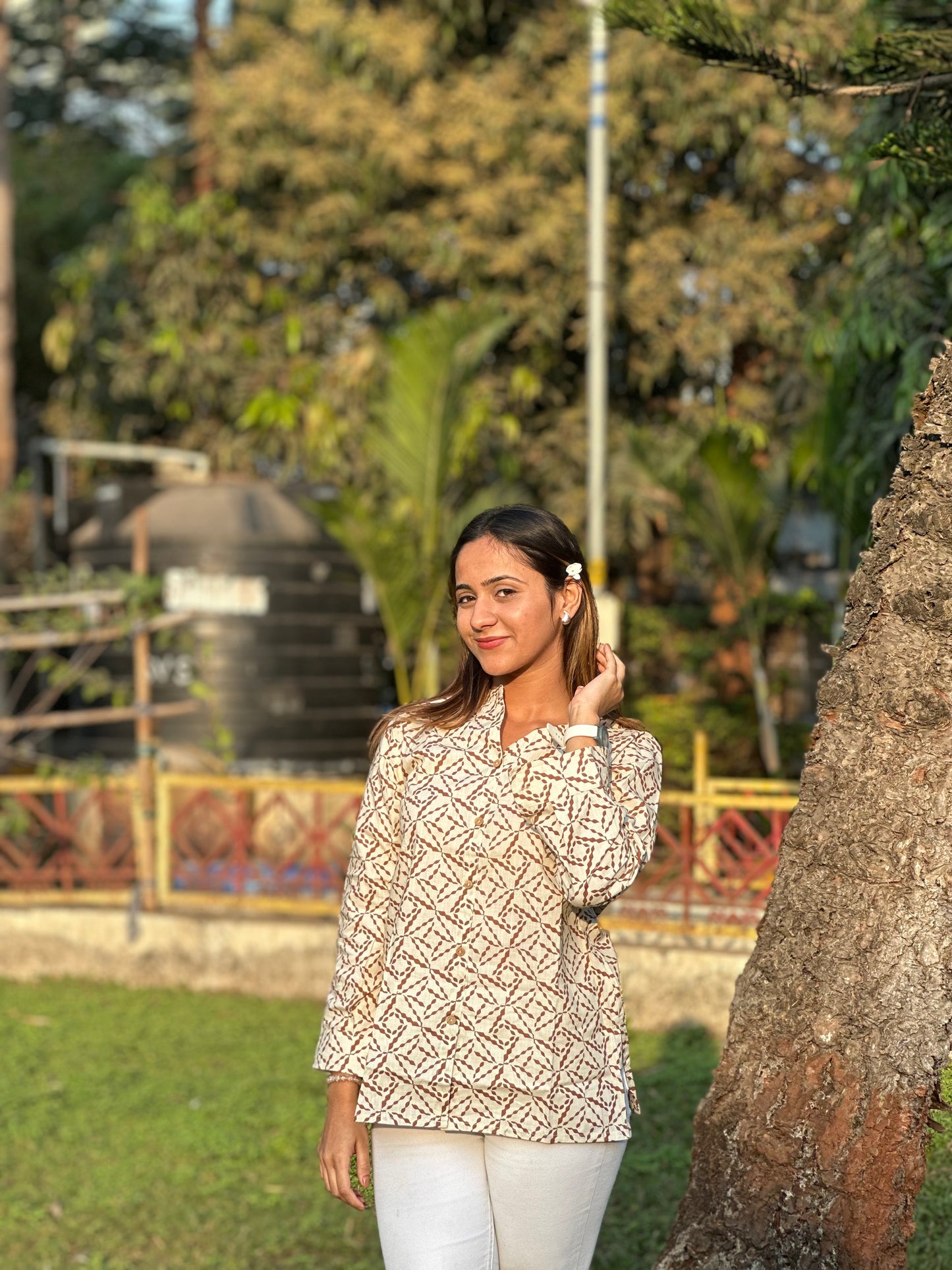 Printed Beige Mandarin Collar Shirt