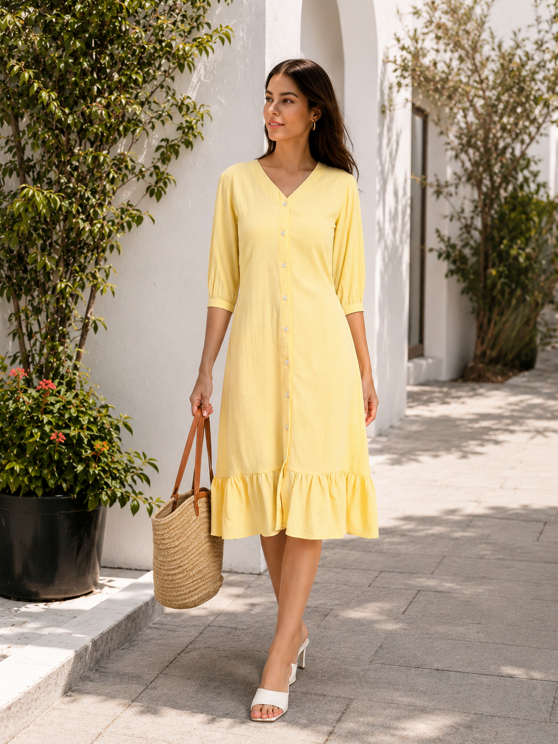 Wrinkle Yellow A-line Dress