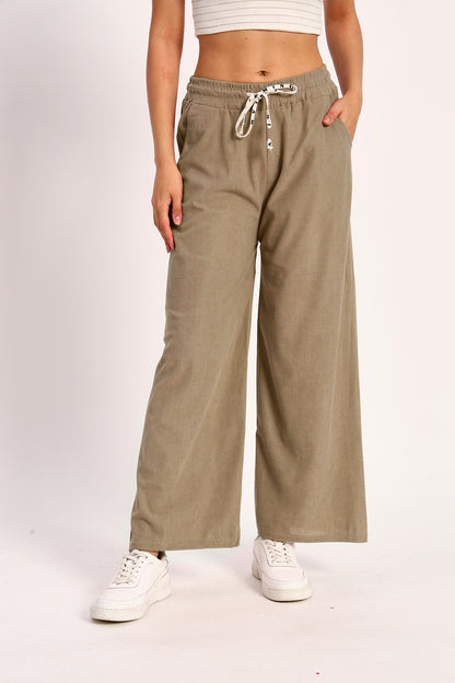 Khaki Straight Fit Wide Leg Pants