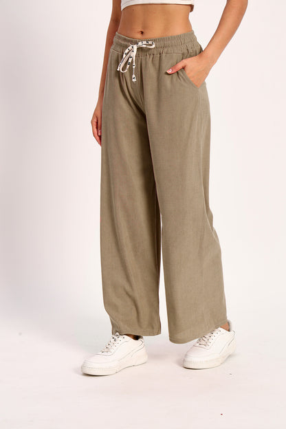 Khaki Straight Fit Wide Leg Pants