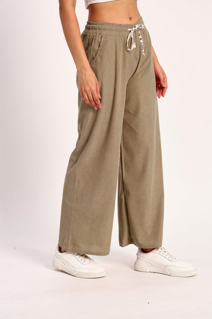 Khaki Straight Fit Wide Leg Pants