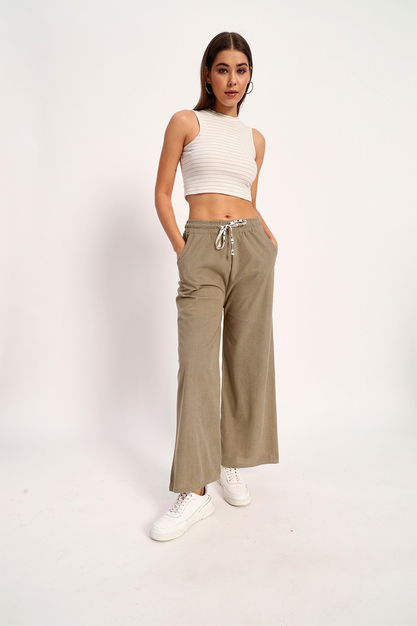 Khaki Straight Fit Wide Leg Pants