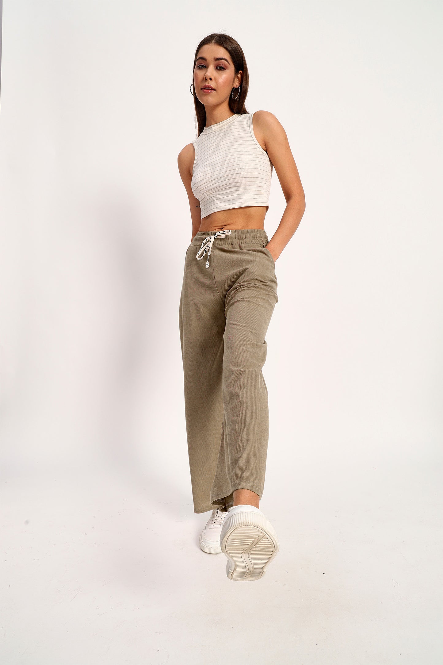 Khaki Straight Fit Wide Leg Pants