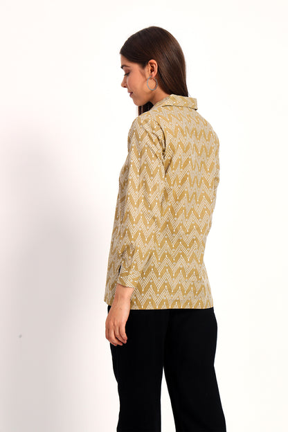 Khaki Zigzag Print Linen Shirt