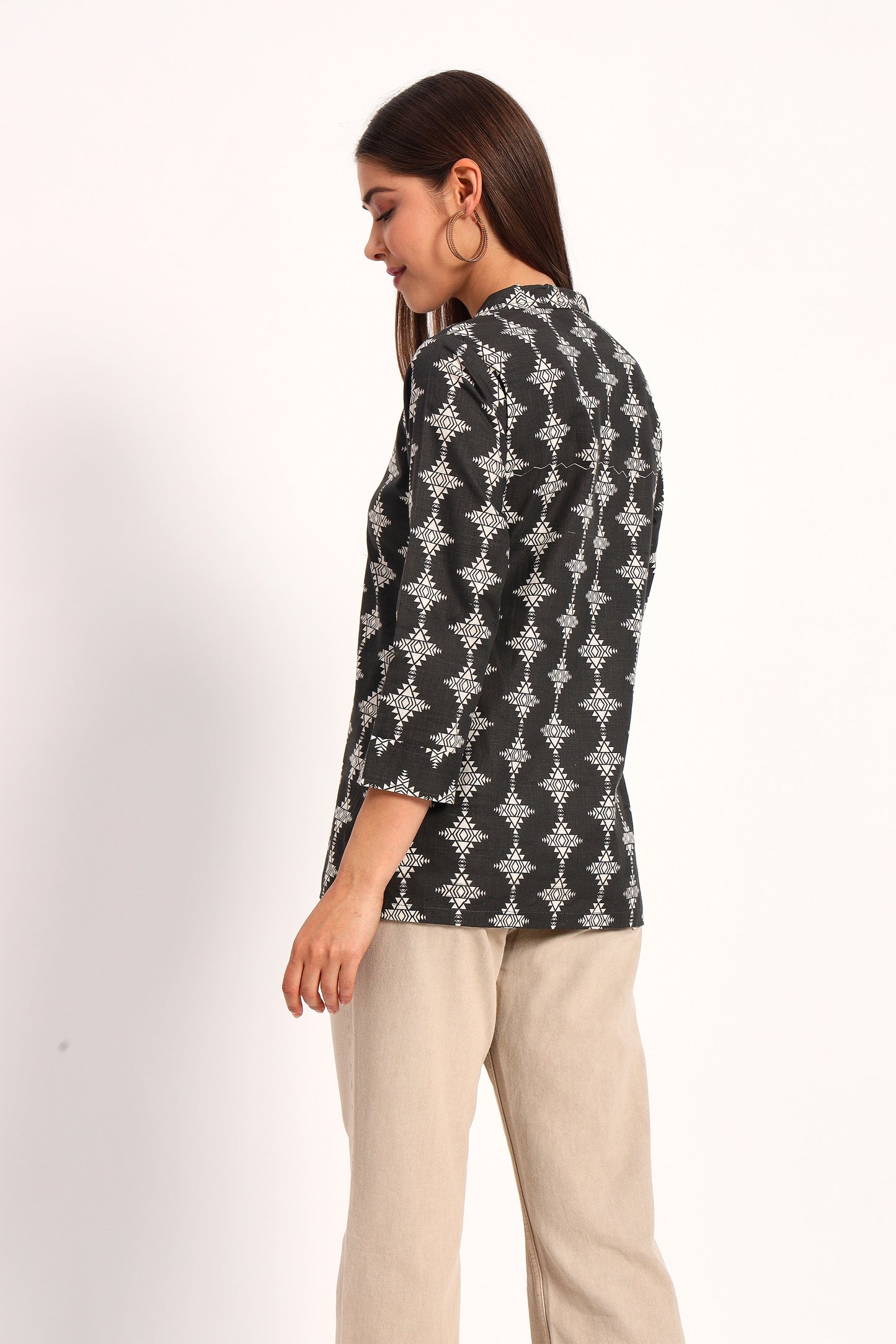 Black Tribal Print Lapel Collar Shirt