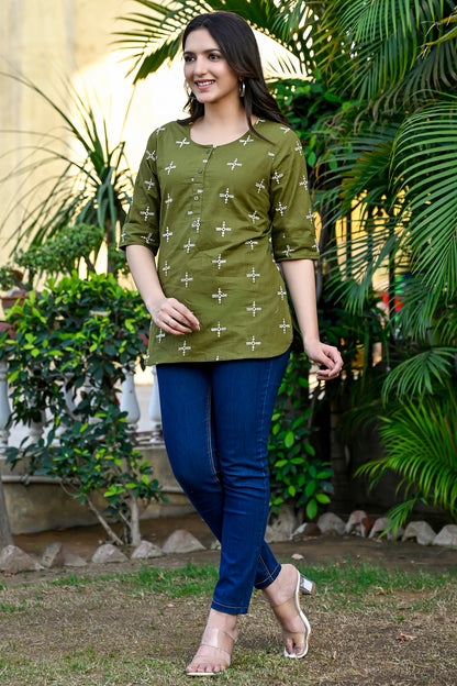 Olive Cotton Embroidered Top