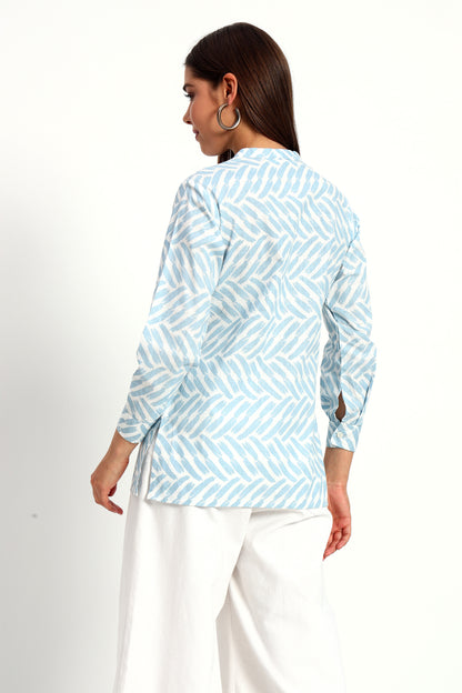 Printed Blue Mandarin Collar Shirt