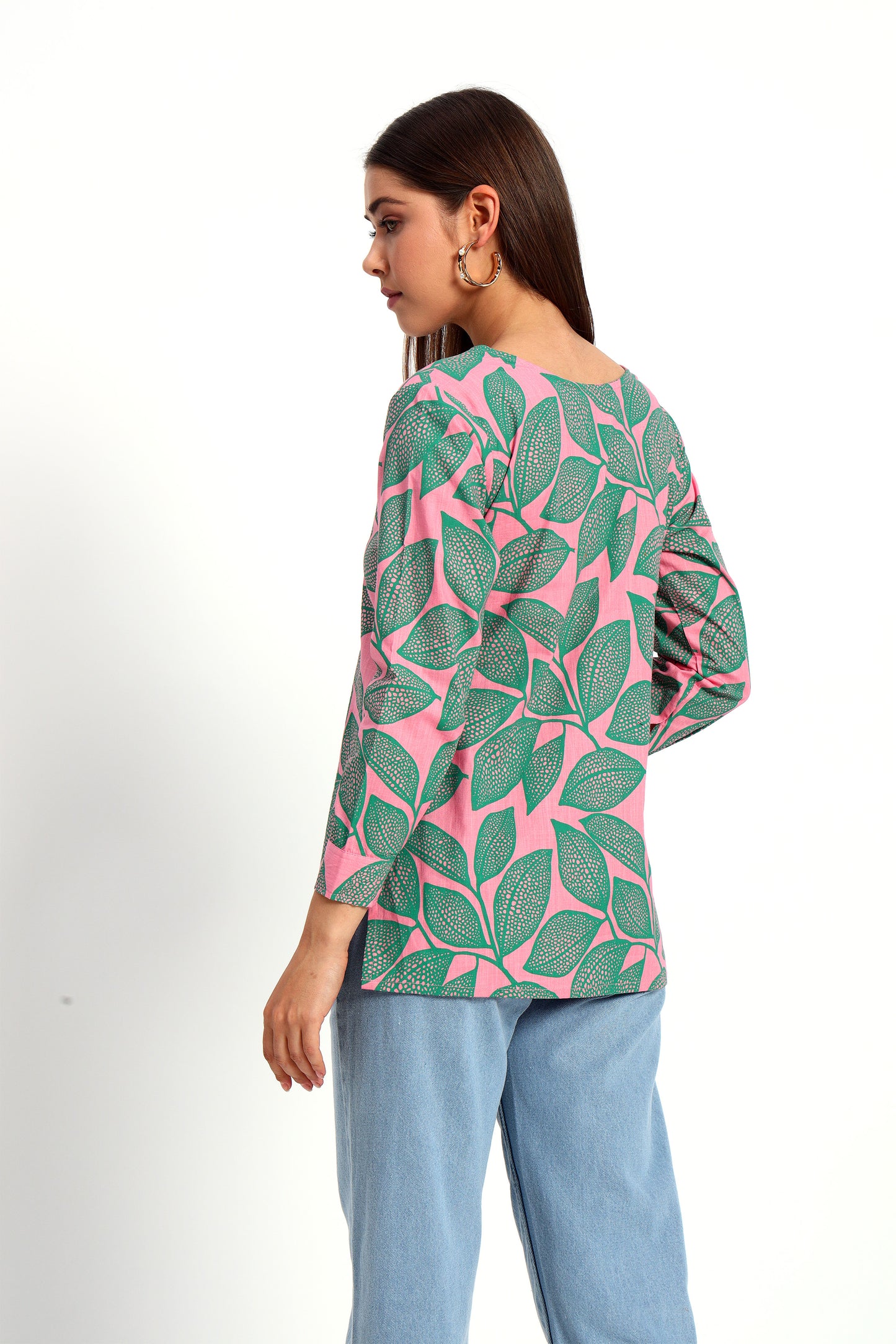 Pink Leafy V Neck Printed Shirt