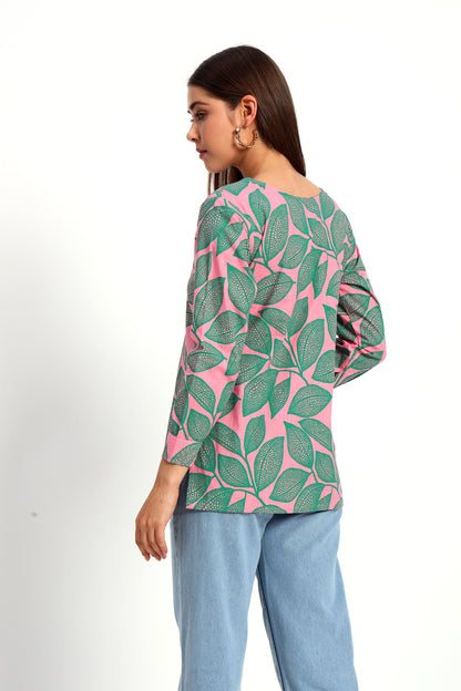 Pink Leafy V Neck Printed Shirt