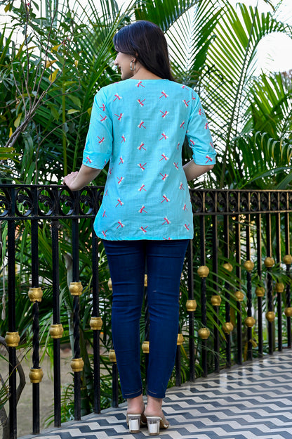 Blue Embroidered Cotton Top