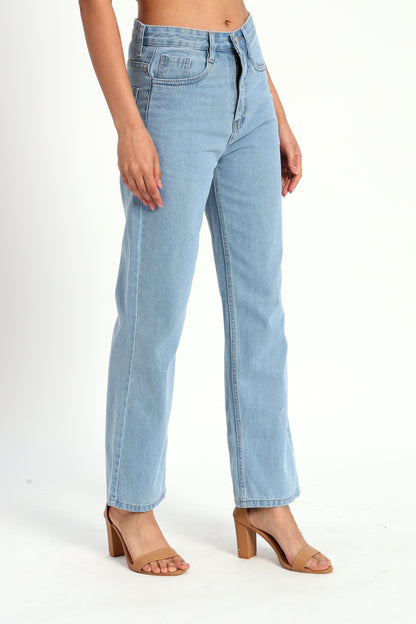 Blue Denim Straight Fit Wide Leg Jeans