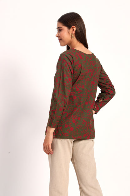 Olive V Neck Printed Shirt