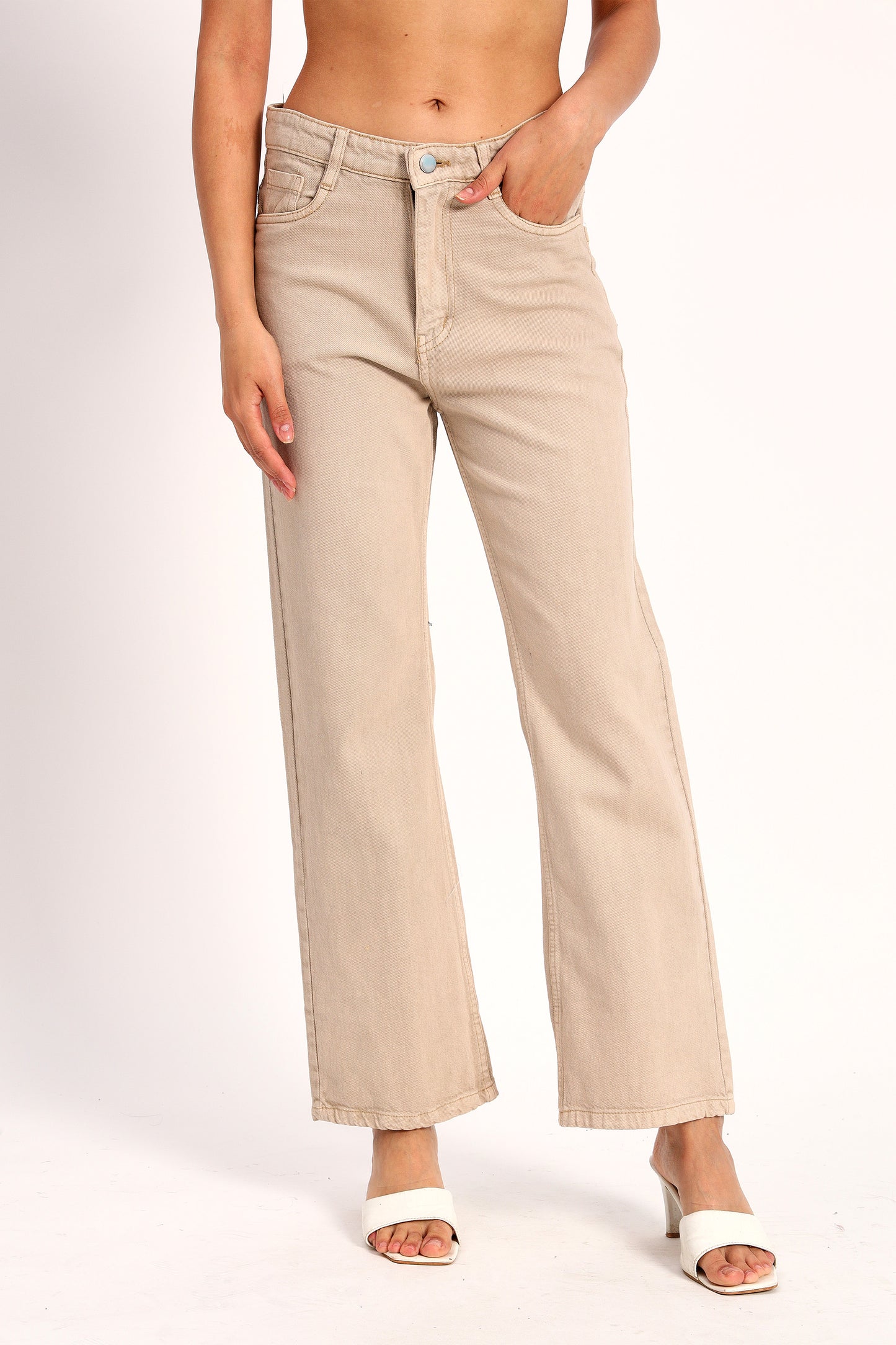 Beige Straight Fit Wide Leg Jeans