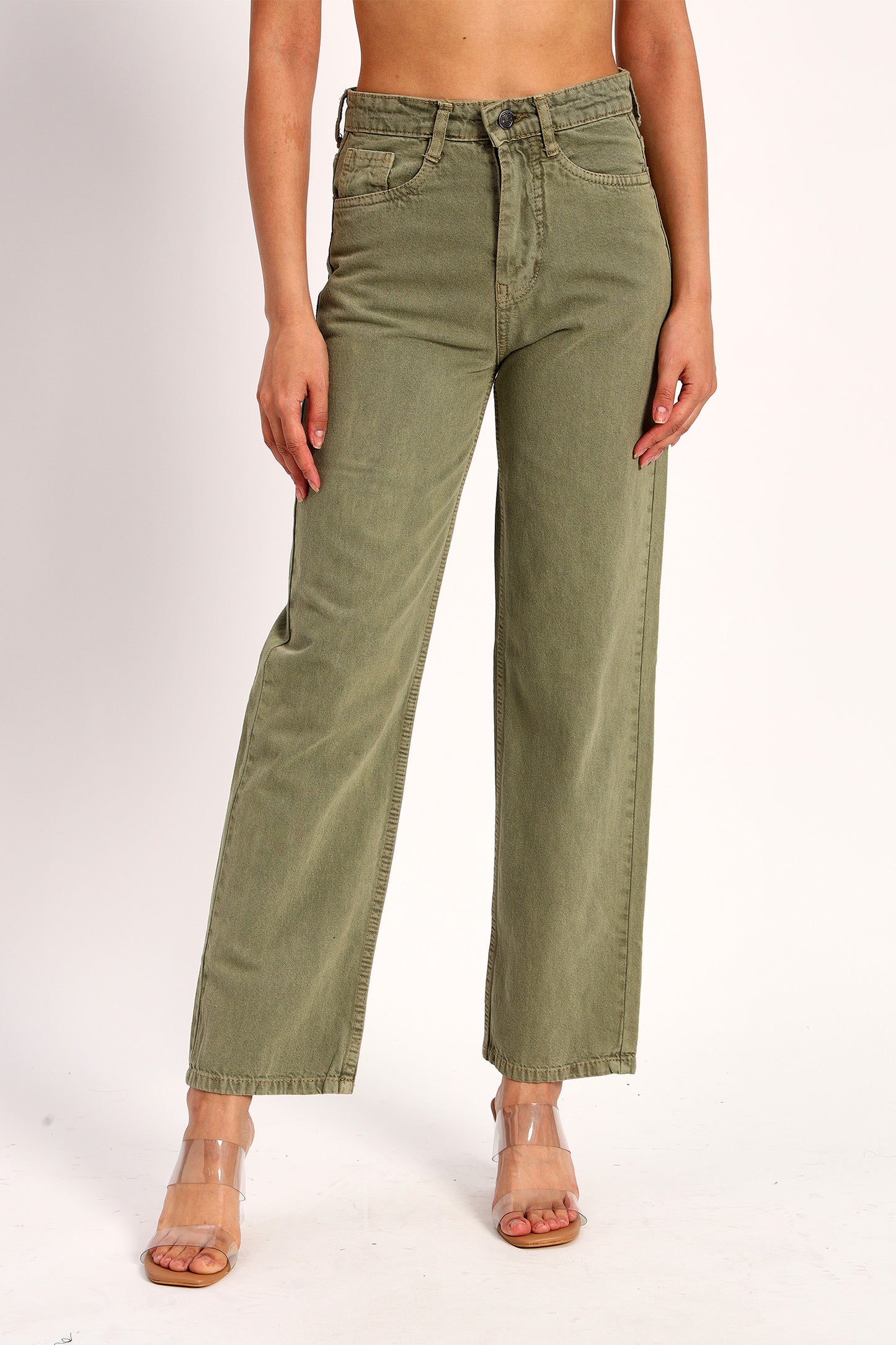 Olive Green Straight Fit Wide Leg Jeans