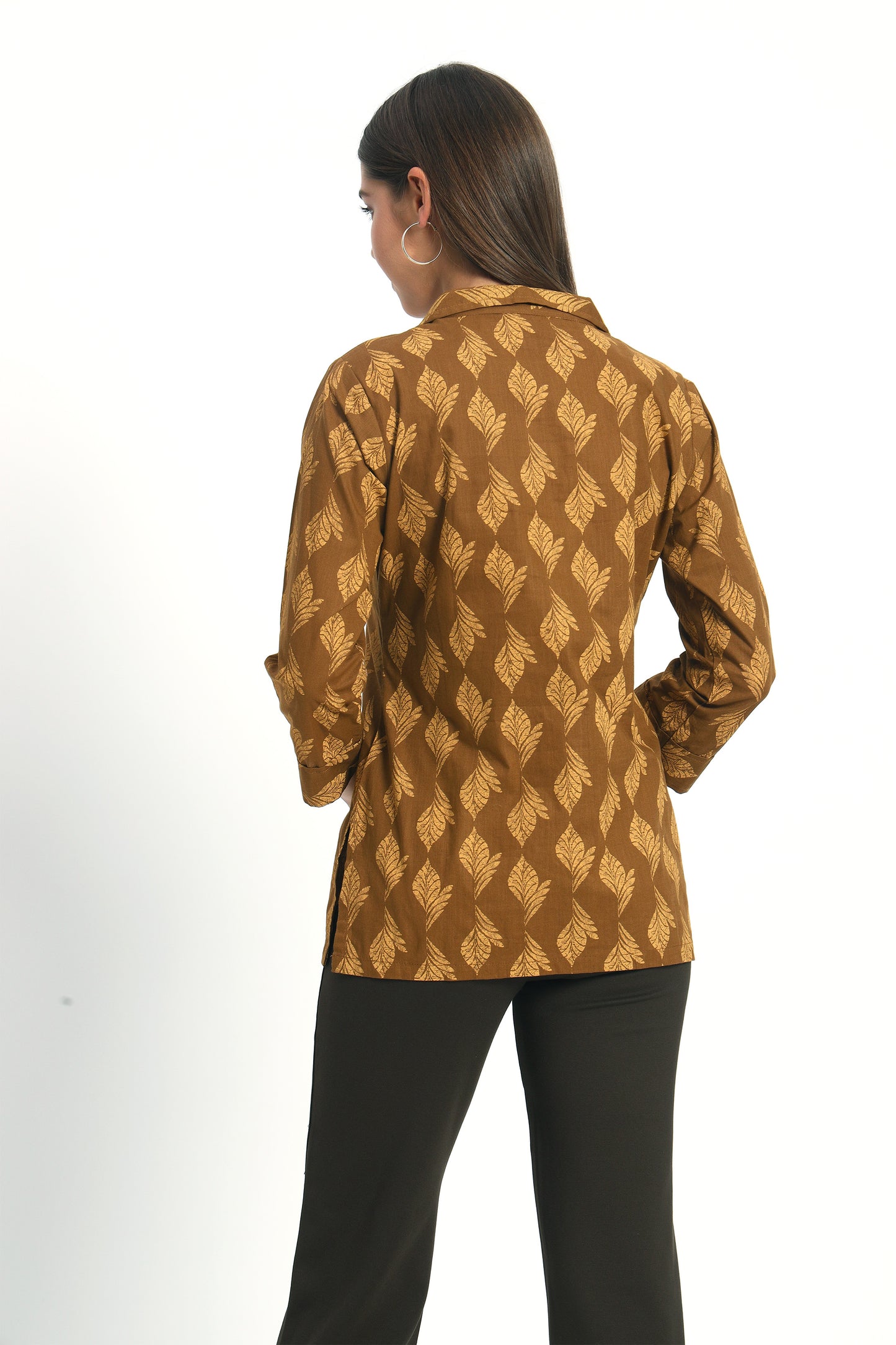 Brown Printed Lapel Collar Shirt