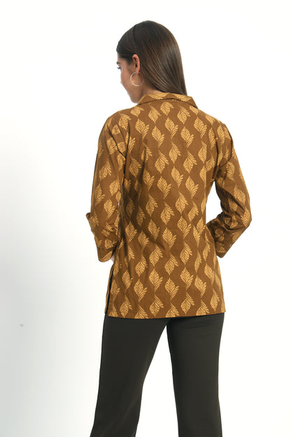 Brown Printed Lapel Collar Shirt