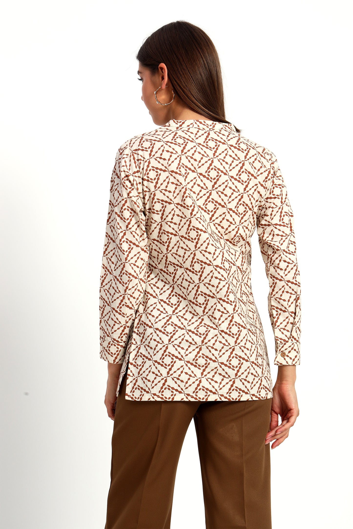 Printed Beige Mandarin Collar Shirt