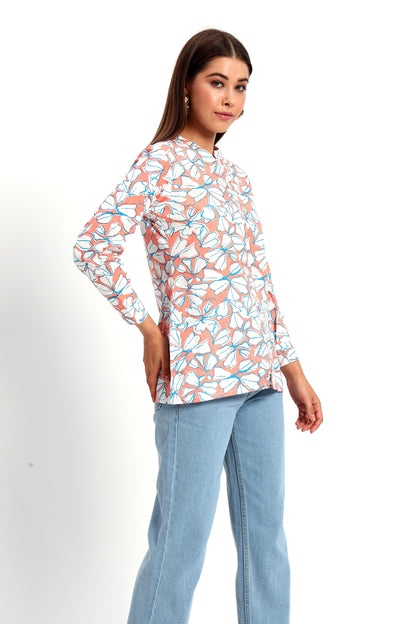 Floral Mandarin Collar Linen Shirt