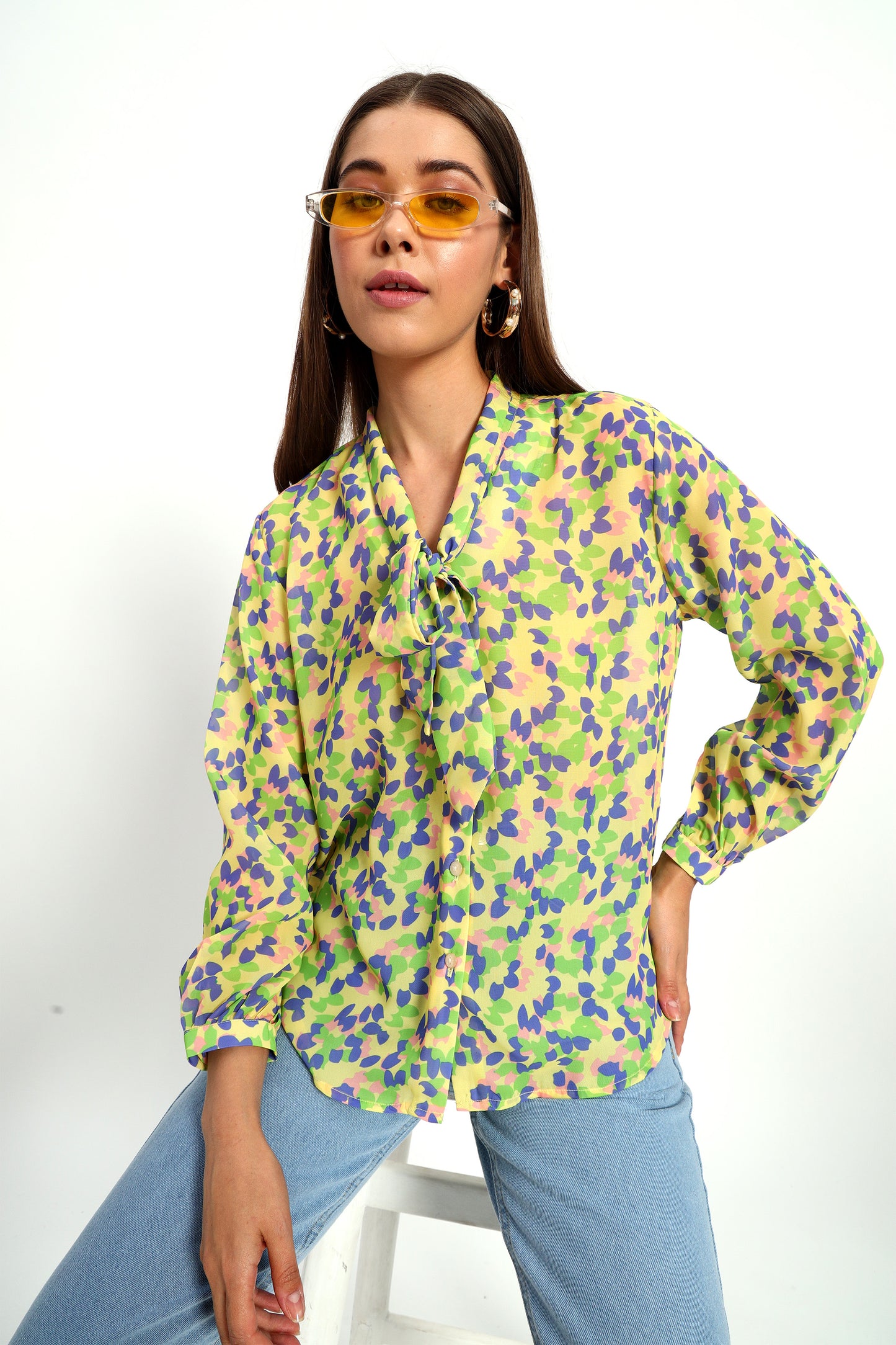 Yellow Petal Print Bow Shirt