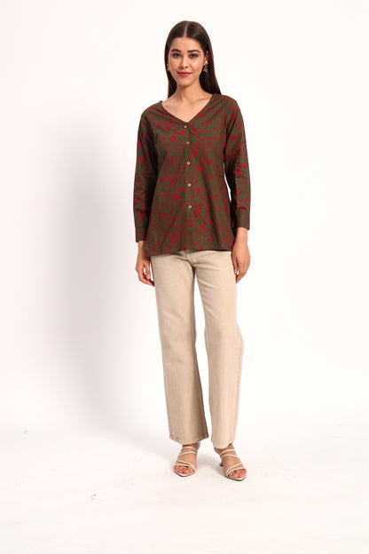 Olive V Neck Printed Shirt